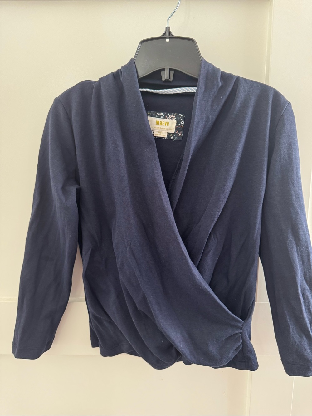 Anthropologie Maeve Navy Wrap-Front 3/4 sleeve Women's Top size XS